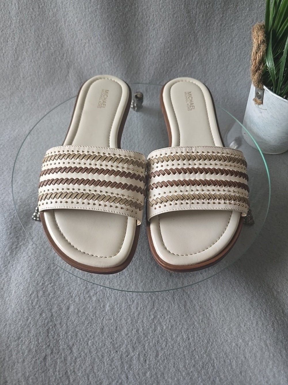 Michael Kors Cream Braided Slide Sandals Vacation Summer Beach Trendy Size 9